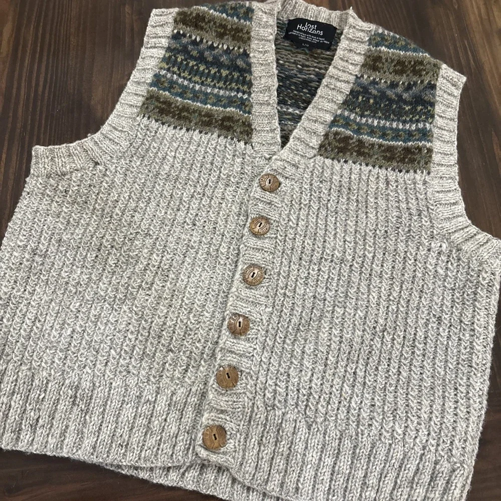 Lost Horizons 100% Wool Vest Gray Fair Isle Nepal Mens Large Outdoor